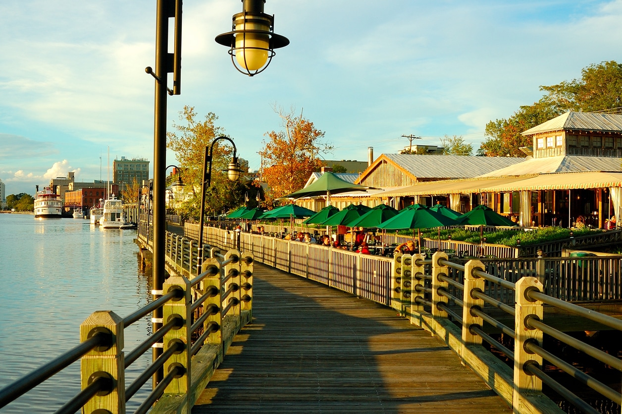 boardwalk along the shore with restaurants and boats